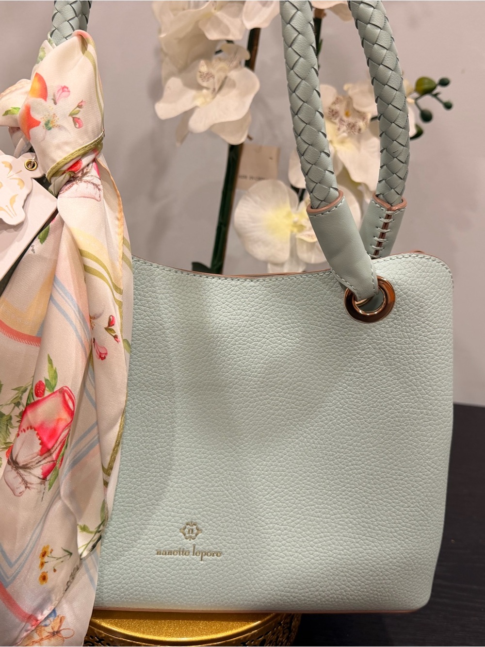 Nanette Lepore Mint Green Pebbled Leather Shoulder Tote with Braided Handles